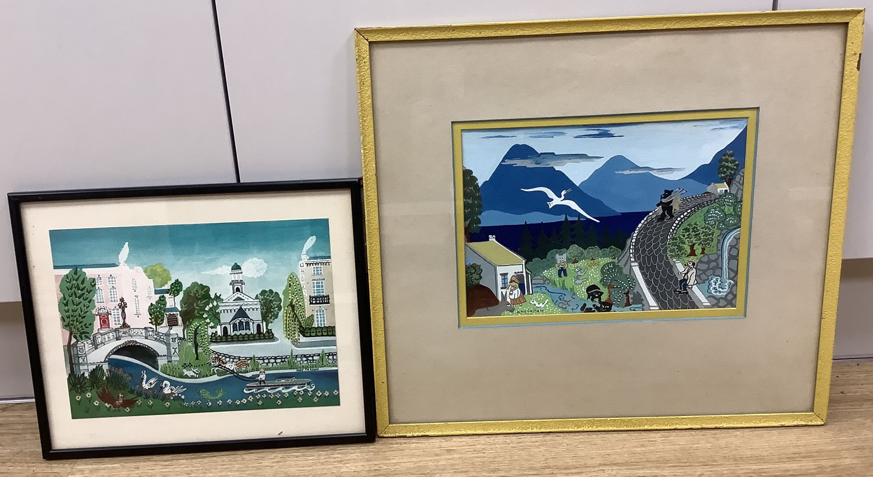 Kay Casson (20th/21st century), gouache, coastal landscape with distant mountains, a bear on a path and other figures and another gouache of Dublin